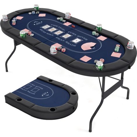 COSTWAY Tavolo da Poker Pieghevole 182 cm per 8 Giocatori, Tavolo da Gioco Ovalo con Supporti per Bicchieri, Rivestimenti Imbottiti, per Blackjack, Texas Hold’em, Giochi da Casinò (Blu) (1/5)