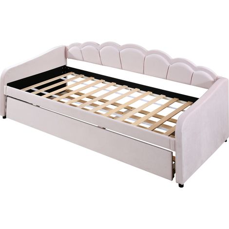 Lit banquette 90 x 200 cm en velours rose avec lit gigogne, LED d’ambiance, sans matelas (1/5)