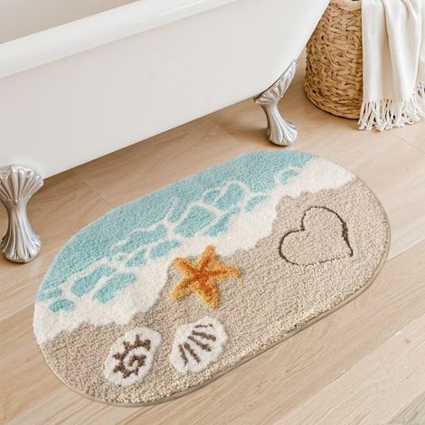 Badematte mit Strandmotiven, rutschfest, ultraweich, waschbar, saugfähig und schnelltrocknend. Badematte mit Meeresmotiven, Seesternen und Muscheln. Geeignet für Duschräume, Küchen und Kinderzimmer.