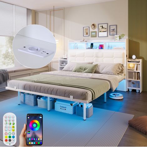 Bett Doppelbett 140x190 LED Stauraum Metall Weiß HAVRYA (1/5)