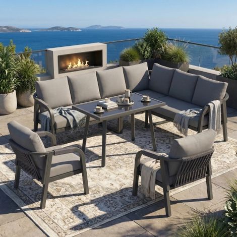 Set da tavolo per il giardino, arredi per il giardino, per max 8 persone, con braccioli e schienale intrecciati, tubi in acciaio zincato, include una poltrona angolare, una tavola e due sedie con brac