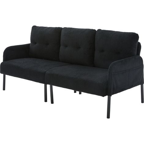 Sofá de 3 plazas de pana negra con cojines blandos, respaldo alto y patas de metal (1/5)