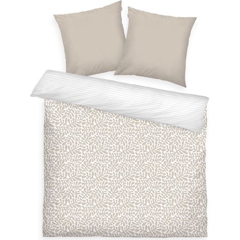 Housse de Couette, 2 80x80 + 200x220cm, 100% Coton/renforcé, Motif Réversible et Fermeture Eclair Colorée, Organic Leaves Beige, Blanc (Sunny Sand) (1/5)