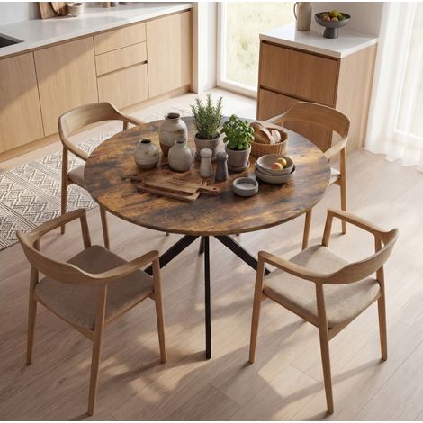 Runder Esstisch 100x100x75 cm aus braunem Holz, 4 Personen, Industriestil, stabil – MEUBLIV (1/5)