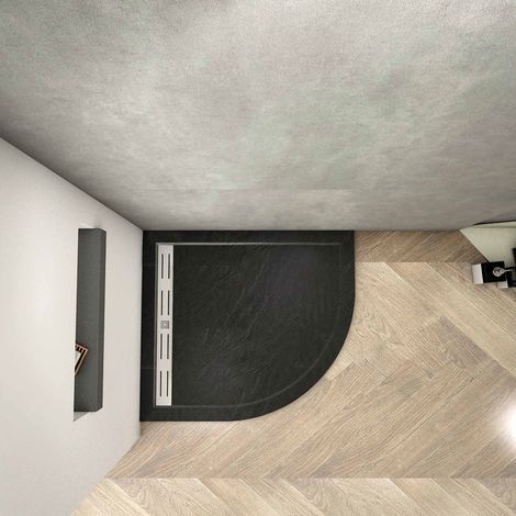 Piatto Doccia Semicircolare Ultra Sottile 3cm In Pietra Vulcanica e Resina Mista Finitura Pietra Nera Ruvida Con Scarico Piletta 80x80 cm (1/5)