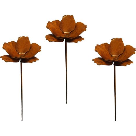 Lot de 3 piquets de jardin en métal rouillé, décoration naturelle pour chapeau de soleil, motif fleurs de pavot. (1/4)