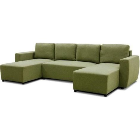 Canapé d'angle convertible panoramique PHARELL 5/6 places - Tissu olive - Coffre de rangement - L297 x P155 x H85 cm (1/5)