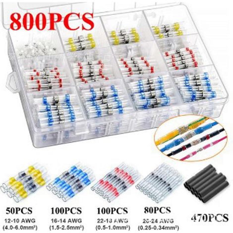 Set mit 800 wärmeschrumpfbaren, wasserdichten Crimpverbindern, isolierten Lötringen, Sortiment: 70 weiße, 80 rote, 80 blaue, 80 gelbe, 535 Schläuche. (1/4)