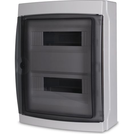 Centralino da parete 24 moduli con portello fumé, grigio RAL 7035, 290x290x140 mm, IP65, ideale per installazioni elettriche interne ed esterne