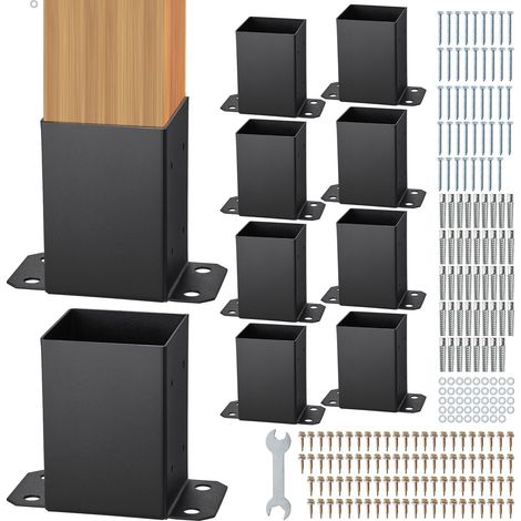 Lot de 10 Support de Poteau Bois 102x102 mm Base de Poteaux Interne 91x91 mm Acier au Carbone Revêtement en Poudre Ancrage de Poteau pour Support Garde-corps Terrasse, Pavillon, Noir Mat (1/5)
