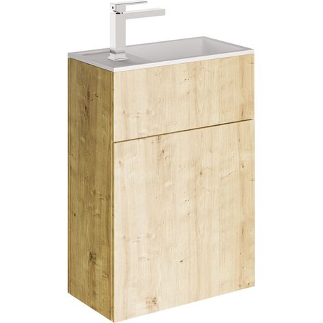 BERNSTEIN - Mobile lavabo sospeso MDF rovere miele, lavabo bianco opaco + foro rubinetto e scarico, cerniera porta a destra - 50x26x72cm - KONDA	Bianco opaco, Rovere caramello