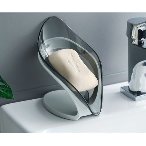 MIMOSON-Gray 2 Pieces Leaf Shape Soap Dish, Removable Soap Box with Triangular Drainage Silicone Base Soap D (1/5)