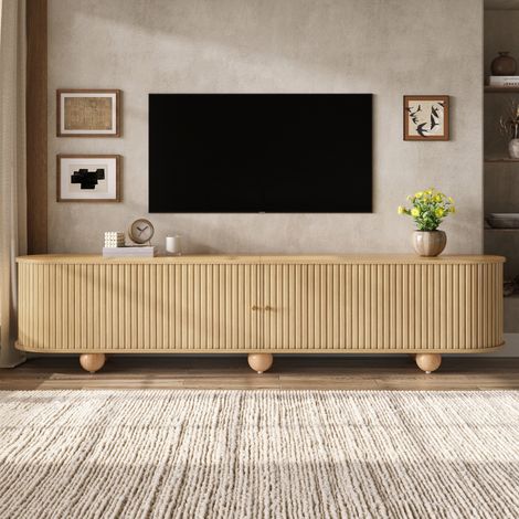 Meuble TV 180 cm Bois de Naturel avec Portes Coulissantes et Pieds -Boules Grand Rangement - Meuble de Salon Rétro Vintage (1/5)