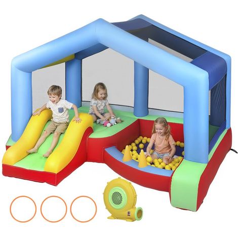 Château avec souffleur, toboggan, trampoline, piscine, balles, cerceaux et auvent, parc enfant complet pour extérieur et fête