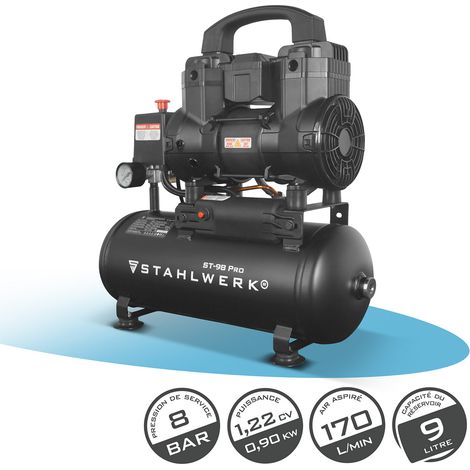 STAHLWERK Compresseur 8 bar 9 L 1,22 CV 0,90 kW 170 l/min Compresseur d'air comprimé (1/5)