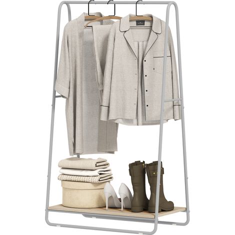 Portant à vêtement 3 en 1, portemanteau avec porte-chaussures, tringles supérieures et latérales, gris
