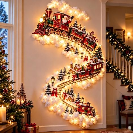 Décoration murale de Noël lueur de Père Noël, traîneau et renne à suspendre, effet neige étincelante en cascade pour mur de