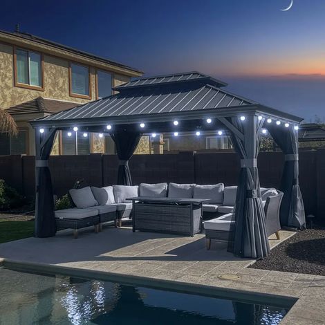 Purple Leaf Pergola Aluminium Hardtop avec LED, Rideaux et Moustiquaires – Tonnelle à Double Toit en Acier Galvanisé – Pavillon Extérieur 4 x 3 m – Gris Anthracite (1/5)