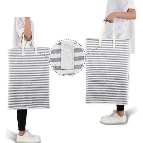 Panier à linge pliable de 72 L résistant à l'humidité, rayé, en coton et lin gris (1/5)