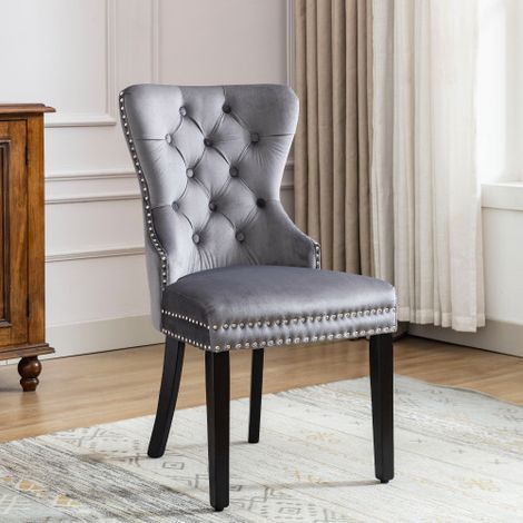 Lot de 2 Chaises de Salle à Manger en Velours Gris, Pieds Bois Massif, Capitonnage Boutonné et Anneau Chromé (1/5)