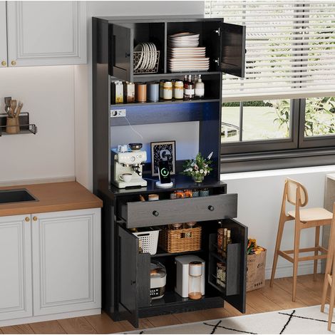 180 cm hoher Küchenschrank mit LED, Steckdosen und großer Schublade, MDF, schwarz OKMYHOME (1/5)