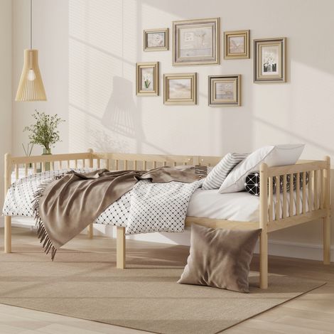 Lit de repos convertible en bois de Pin – Barrières sur 3 côtés et sommier à 14 lattes – Structure stable avec espace de rangement – 90x200 cm – Finition naturelle (1/5)