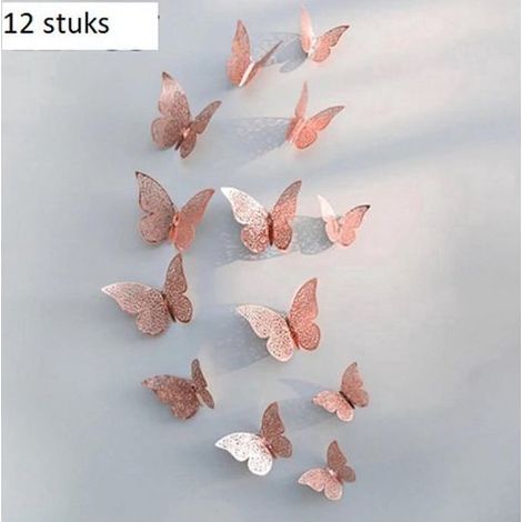 Stickers muraux 3D papillons or rose - Différentes tailles - 12 pièces - Décoration murale (1/3)