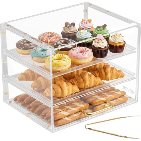 Vitrine Comptoir de Boulangerie de 33x26x26 cm à 3 Niveaux, Présentoir à Pâtisserie en Acrylique Transparent, pour Présentation Biscuits Desserts Beignets Pains Gâteaux, avec Porte Rabattable (1/5)