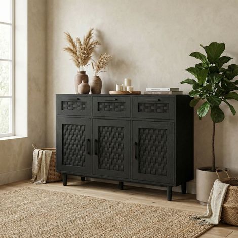 Buffet bahut 108cm, meuble de rangement cuisine salon, 3 portes 3 tiroirs effet cannage tressé, pieds bois massif, Noir