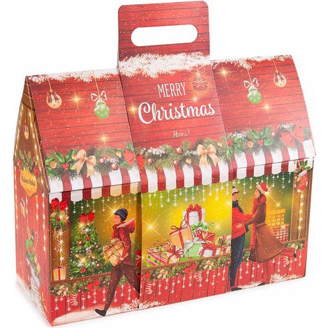 Scatole natalizie a forma di casetta con manico integrato, in cartone rigido decorato con scene, set da 18 pezzi, cm32x12x26H (con manico33)