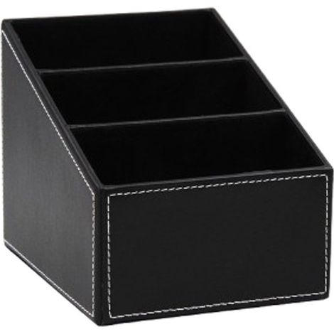 Scatola porta telecomandi a 3 scomparti in pelle nera e organizer da scrivania per dispositivi multimediali. (1/5)