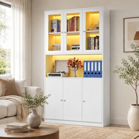 Bibliothèque vitrine 100x35x200 cm en MDF blanc, avec rangement, pour bureau et salon FloraGrace (1/5)