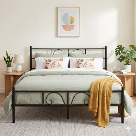 FurnitureR Bed Frame with Metal Platform Solid Metal Headboard and Footboard Hook Storage Space Under Bed Slatted Bed for Adults, Black, Double, Suitable for 140x190CM Mattress