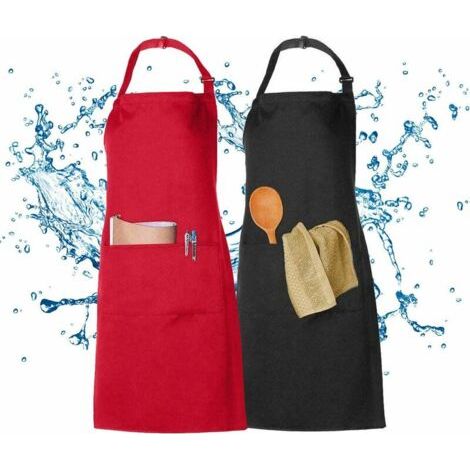 Lot de 2 Tabliers Imperméables Tablier de Cuisine Homme Femme Noir Rouge Tablier de Cuisine avec 2 Poches Tablier Femme Homme Tabliers à Bavette Restauration Tablier BBQ (1/4)