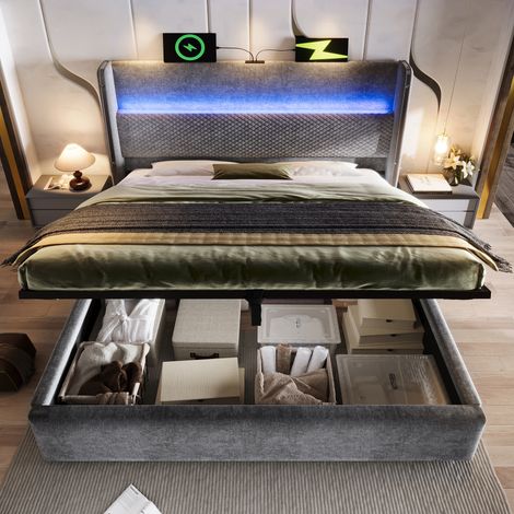 Lit double rembourré avec éclairage LED,ports USB/Type-C,haute tête de lit,cadre de lit coffre 180x200 cm avec rangement hydraulique,lin,gris (1/5)