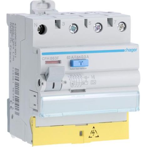Interrupteur différentiel 3P+N 63A 300mA type haute immunité à bornes décalées HAGER CFH863F (1/4)