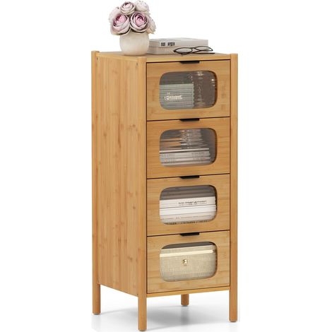 Costway – Colonne de rangement en bambou – 4 tiroirs en verre trempé rayé – Dimensions 40 x 40 x 97 cm – Éco-responsable et résistant à l'humidité