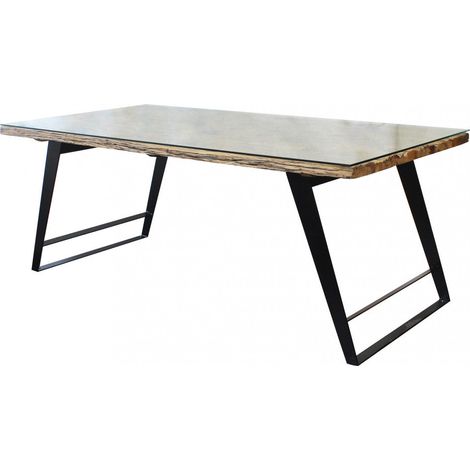Tavolo con struttura in metallo e piano in legno con vetro temperato per interno 100x200xH77 cm