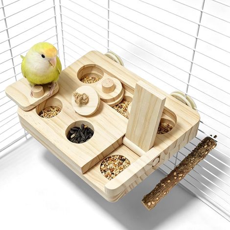 Interactive Wooden Parrot Bird Food Finder Game with Sliding Lid and Hanging Perch for Budgies Cockatiels Lovebirds Small and Medium Parrots (1/5)