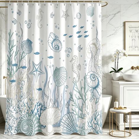 Rideau de douche 240 x 180 cm, textile anti-moisissure, motif fond marin, ourlet lesté, imperméable, lavable, en tissu polyester, avec œillets et 16 anneaux de rideau de douche, pour salle de (1/5)