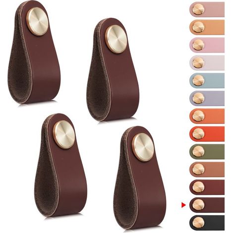 4 Pcs Leather Furniture Handles, Cabinet Door Knobs, Leather Drawer Knobs, Vintage Furniture Handles for Cabinets, Dressers, Kitchen, Bathroom (Dark Brown, Single Hole) (1/5)