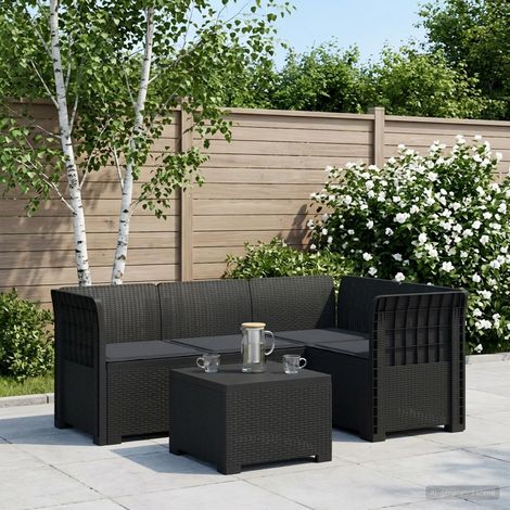 Canapé de Jardin 4 Places Modulable PP Aspect Rotin avec Table et Coussins Anthracite - PANGIVO (1/5)