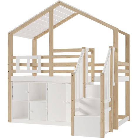 Cama alta infantil 90 x 200 cm con forma de casa y escalera de almacenamiento blanca y natural (1/5)