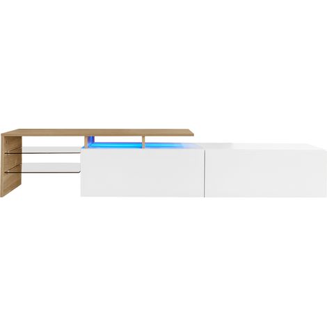 Mueble TV moderno 170 x 33 x 33,5 cm blanco y madera brillante con estantes de vidrio y LED (1/5)