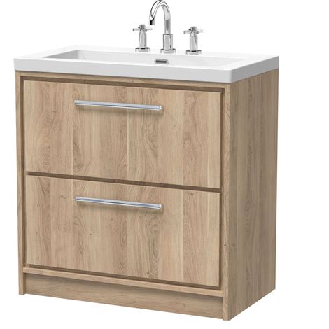 Longnor 2 Drawer Floor Standing Vanity Unit with 3 Tap Hole Modern Fireclay Basin, Light Oak, 800mm