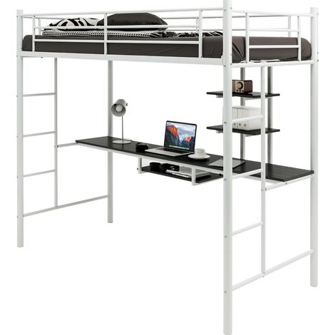 COSTWAY Lit Mezzanine en Métal avec Bureau, 2 Étagères et 2 Echelles, Lit pour Enfants et Adultes avec Lattes en Métal et Garde-Corps sur Toute la Longueur, pour Matelas de 90 x 190 cm (Blanc) (1/5)