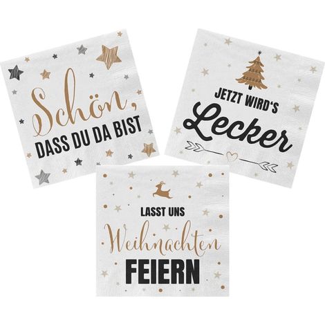 Servietten 60 Stück mit 3 verschiedenen Motiven - Weihnachten - Tischdeko Papierservietten 3er Set mit Spruch - Papier Tuch 3-lagig mit Text bedruckt