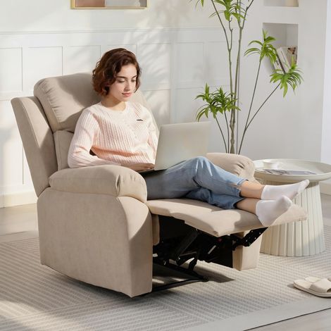 Sillón Reclinable Manual 150° Sillón Relax Tapizado en Tela Aspecto Lino con Reposapiés y Reposabrazos Acolchados Beige (1/5)
