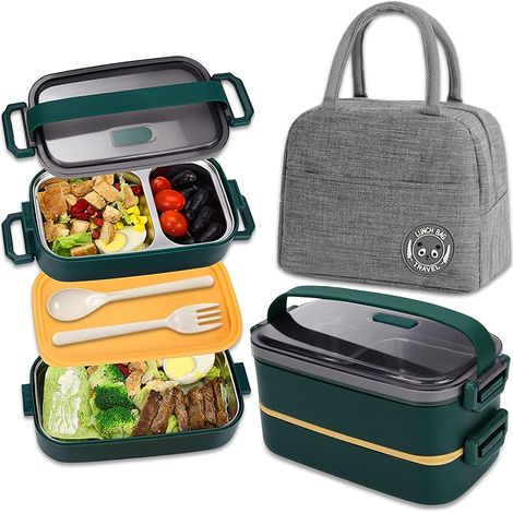 Boîte Bento Inox 1100ml - 2 Étages - Avec Sac Isotherme - Hermétique - Micro-ondes Four - Vert (1/5)