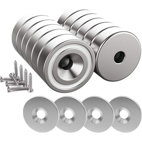 12 pièces Aimants en néodyme 10 KG force 20 x 7 mm avec trou et capsule, aimant en pot fraisé avec vis et 12 coussins en acier (Argent Brillant) H252